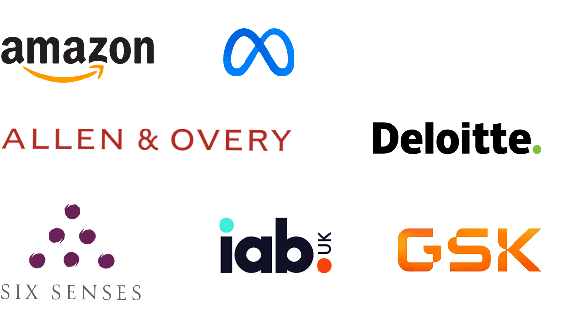 Logos of organisations Dr Julie has worked with: Amazon, Meta, Allen & Overy, Deloitte, Six Senses, IAB UK and GSK
